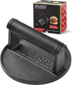 Hulisen Pre Seasoned Cast Iron Burger Press Heavy Duty Burger Smasher For Griddl