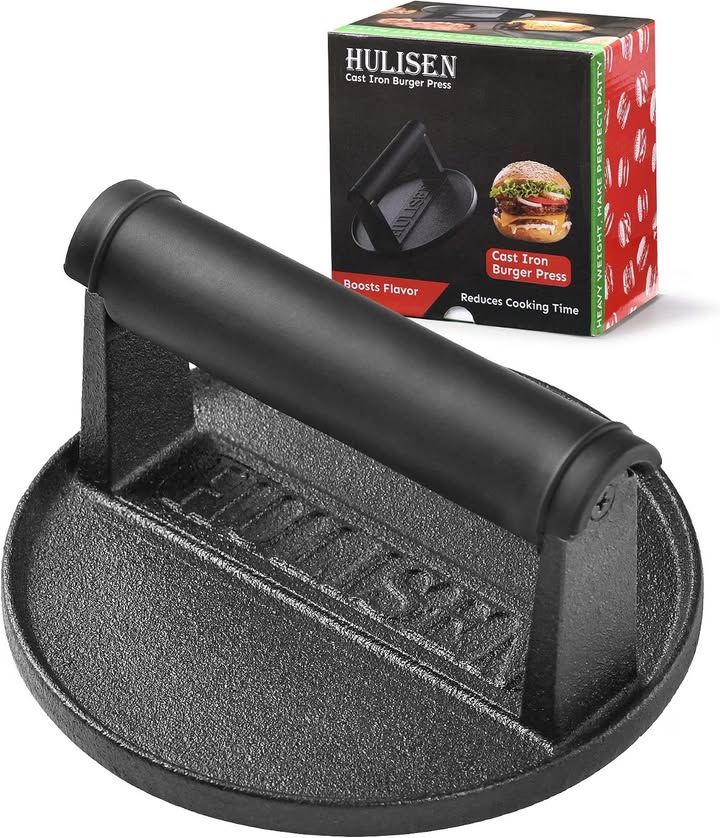HULISEN Pre-Seasoned Cast Iron Burger Press, Heavy Duty Burger Smasher for Griddle with Heat Resistant Handle, Grill Press for Hamburger, Bacon, Meat, Steak, Patty, Sandwich, Barbecue Grilling Tool