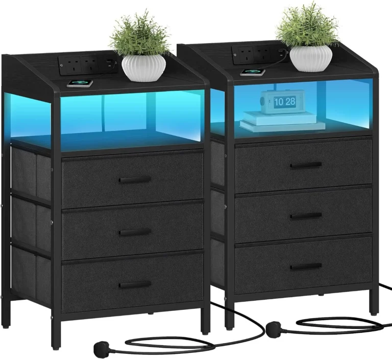 Hzuaneri Bedside Tables Set Of 2 Charging Station And Led Light Black