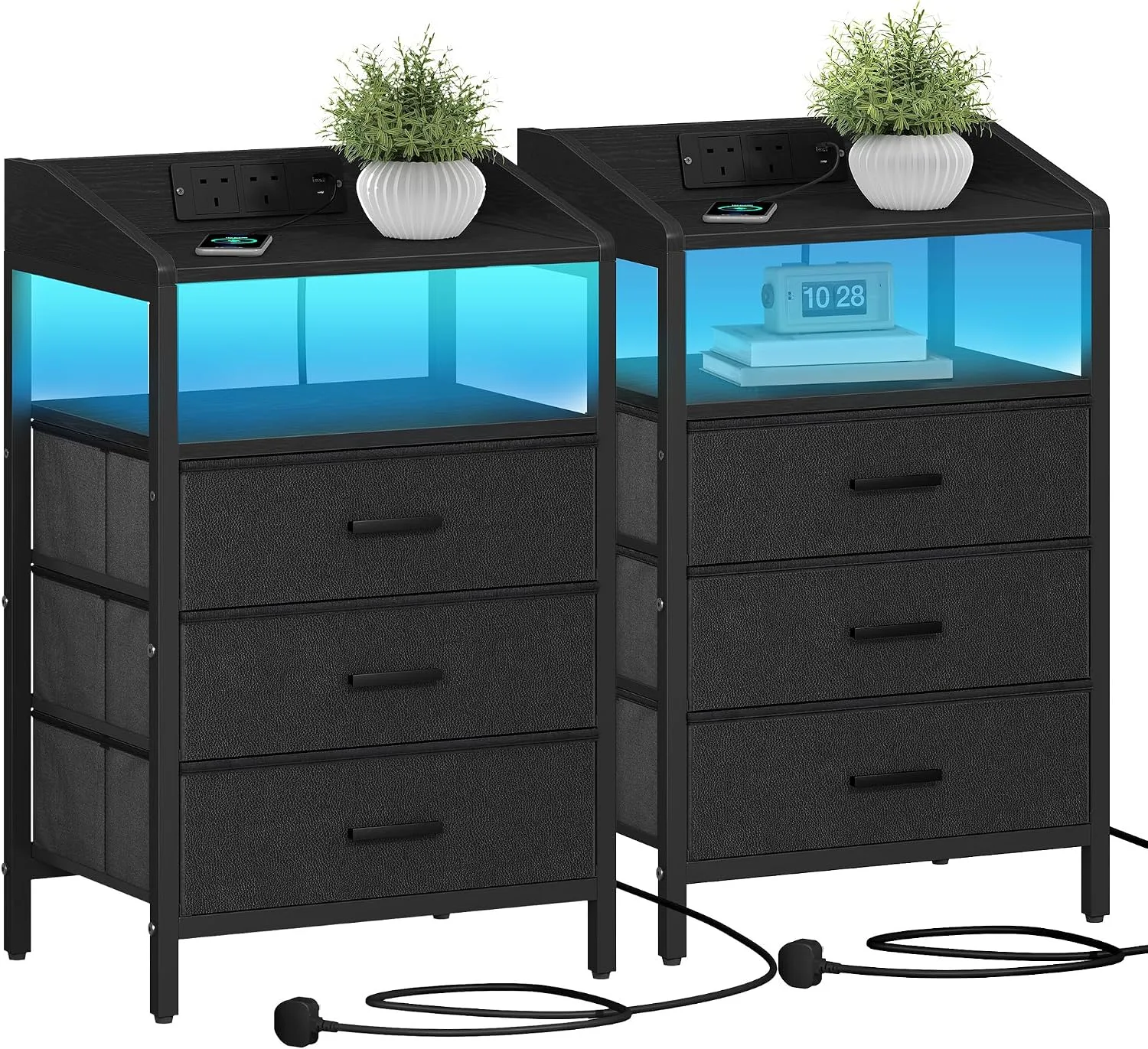Hzuaneri Bedside Tables Set Of 2 Charging Station And Led Light Black