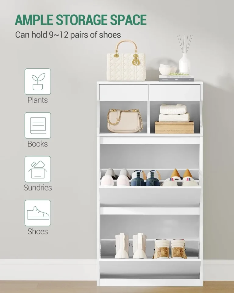 Hzuaneri Wooden Shoe Cabinet 2 Flip Drawer Slim Shoes Rack Cabinet White