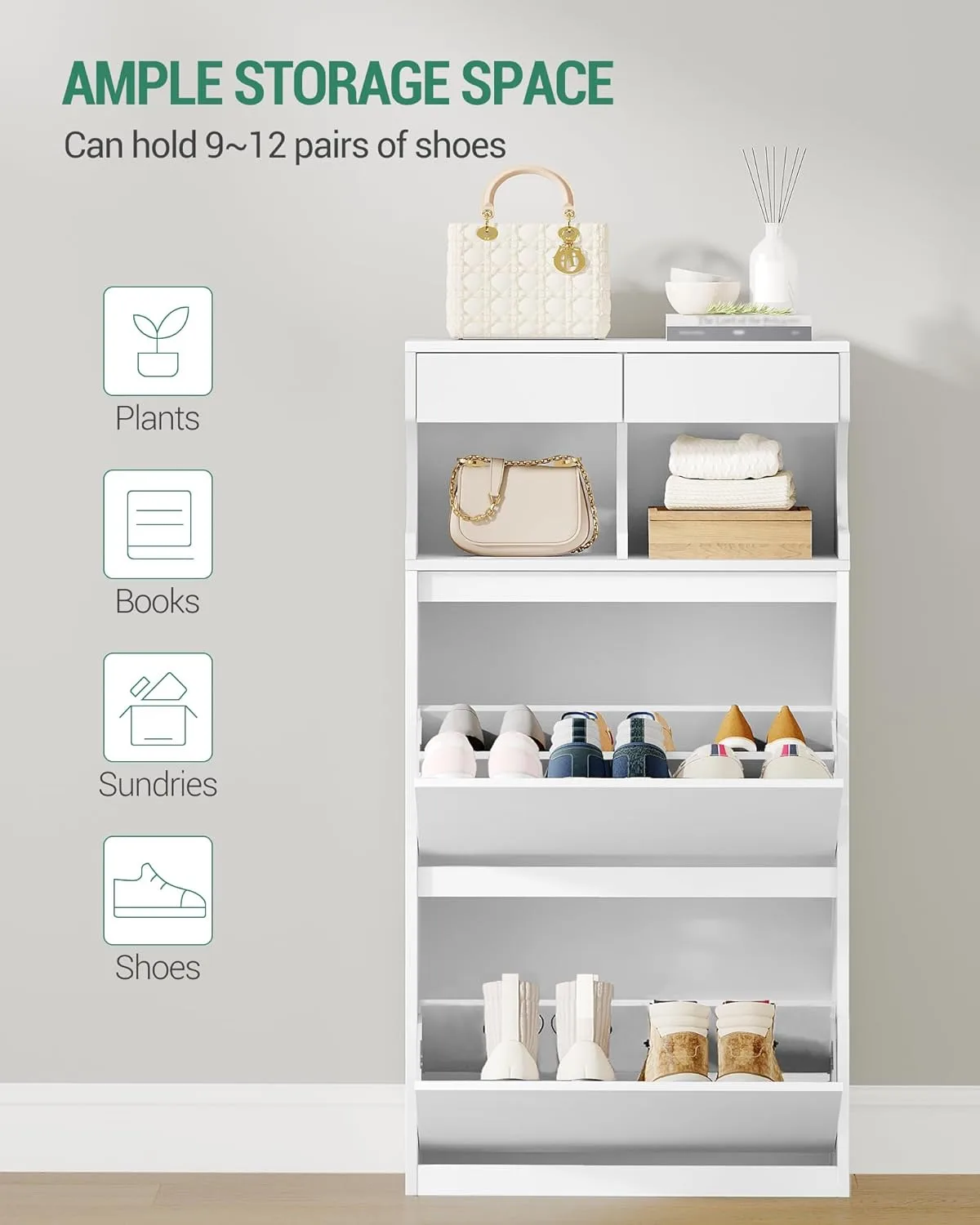 Hzuaneri Wooden Shoe Cabinet 2 Flip Drawer Slim Shoes Rack Cabinet White