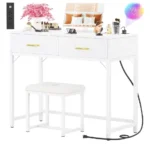 iSunirm 36 Inch Vanity Desk with Mirror and Drawers, Vanity Table and Stool, Dressing Table with Lights and Socket Strip for Bedroom, White