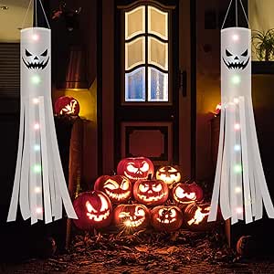 Jsdoin 180cm Halloween Ghost Windsocks Flag With 2m Led Colorful Lights 2 PCs