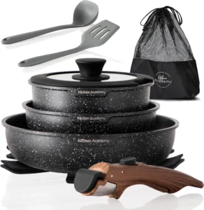 Kitchen Academy 10 PCs Black Pots And Pans Set Non Stick Removable Handle