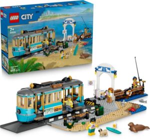 LEGO City Classic Beach Tram Toy Model Kit W Train Track Street Scene 5 Minifigu