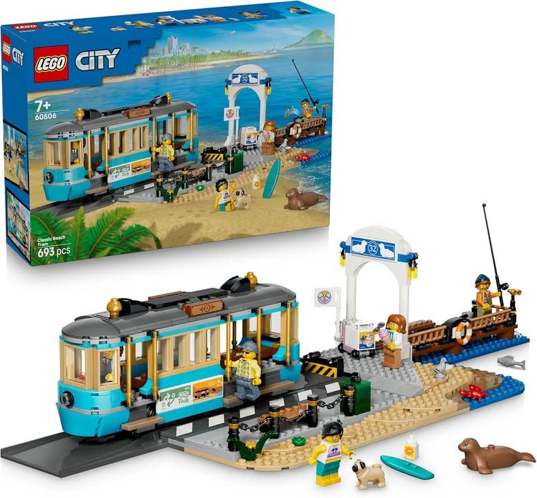 LEGO City Classic Beach Tram Toy Model Kit W Train Track Street Scene 5 Minifigu