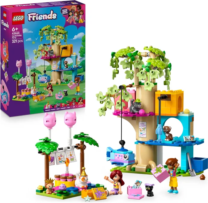 LEGO Friends Cat Birthday Party And Tree House Toy Incl 2 Mini Dolls And 5 Anima
