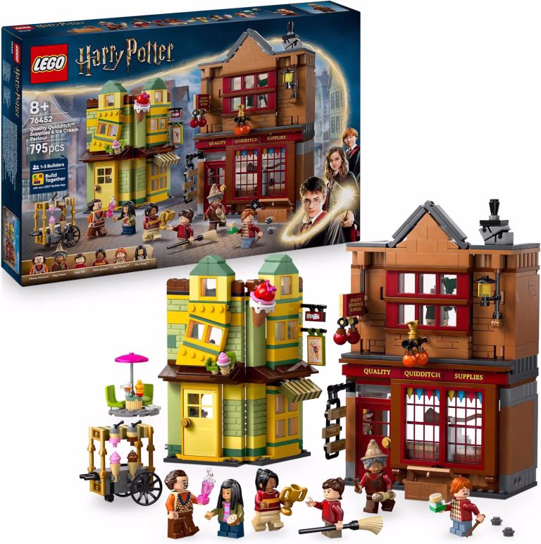 LEGO Harry Potter Quality Quidditch Supplies & Ice Cream Parlour Set with 2 Diagon Aley Shop Toys, 6 Minifigures & Accessories incl. a Nimbus 2000 Broom - Gift for 8+ Year Old Boys & Girls - 76452
