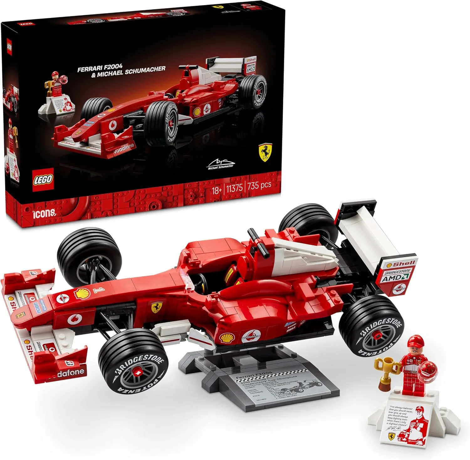 LEGO Icons Ferrari F2004 And Michael Schumacher F1 Car Model Kit For Adults Disp