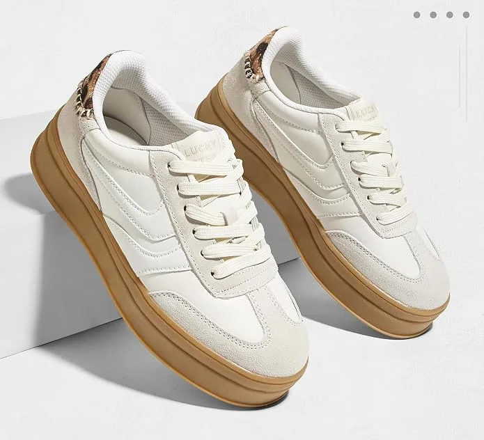 Lucky Step Platform Sneakers For Women Fashion Retro Thick Rubber Gum Sole Comfo
