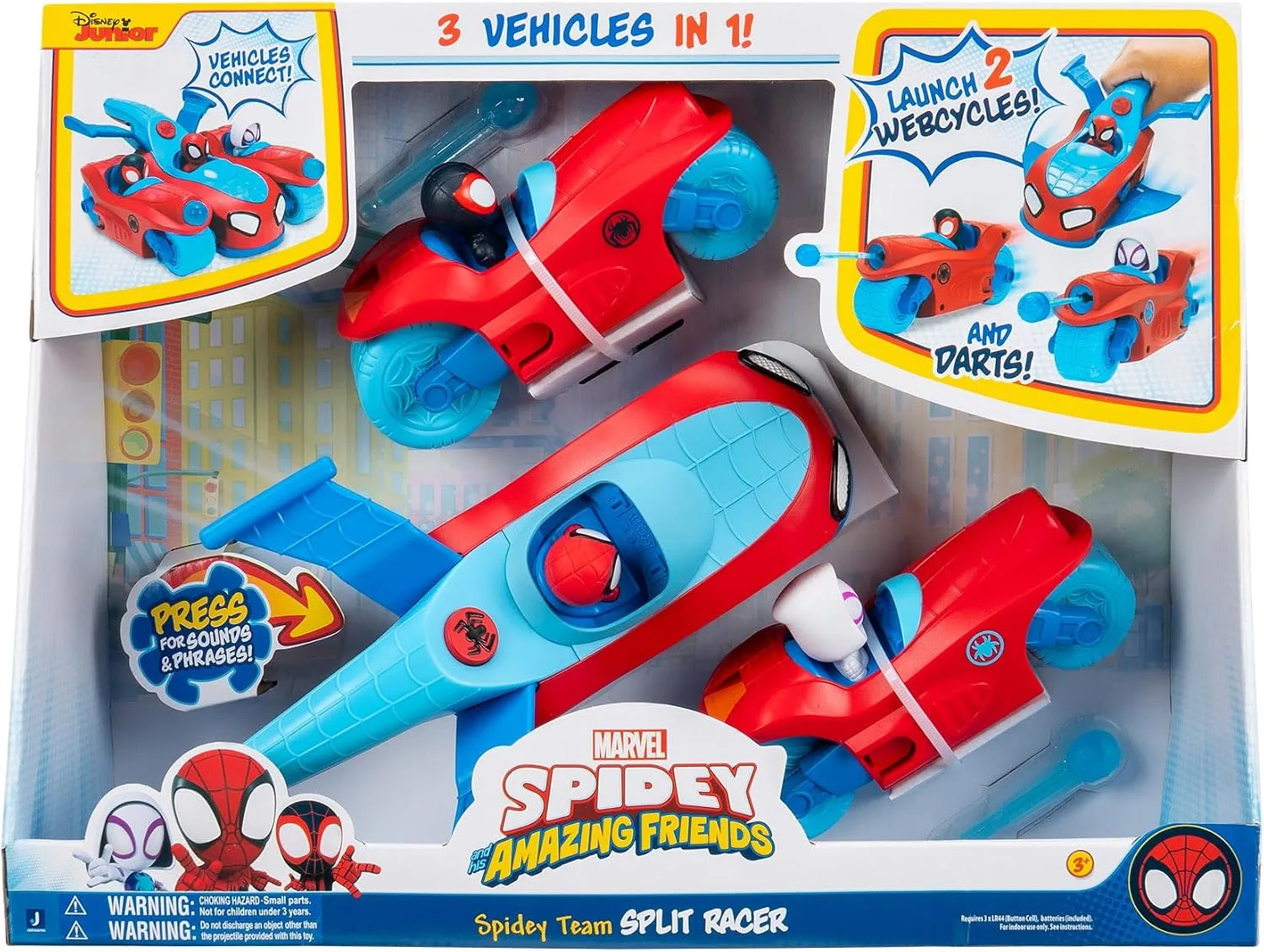 MARVEL Spidey and His Amazing Friends Spidey Team Split Racer - 8.5-Inch Three-in-One Vehicle with Web Darts, Sound Effects, and Phrases