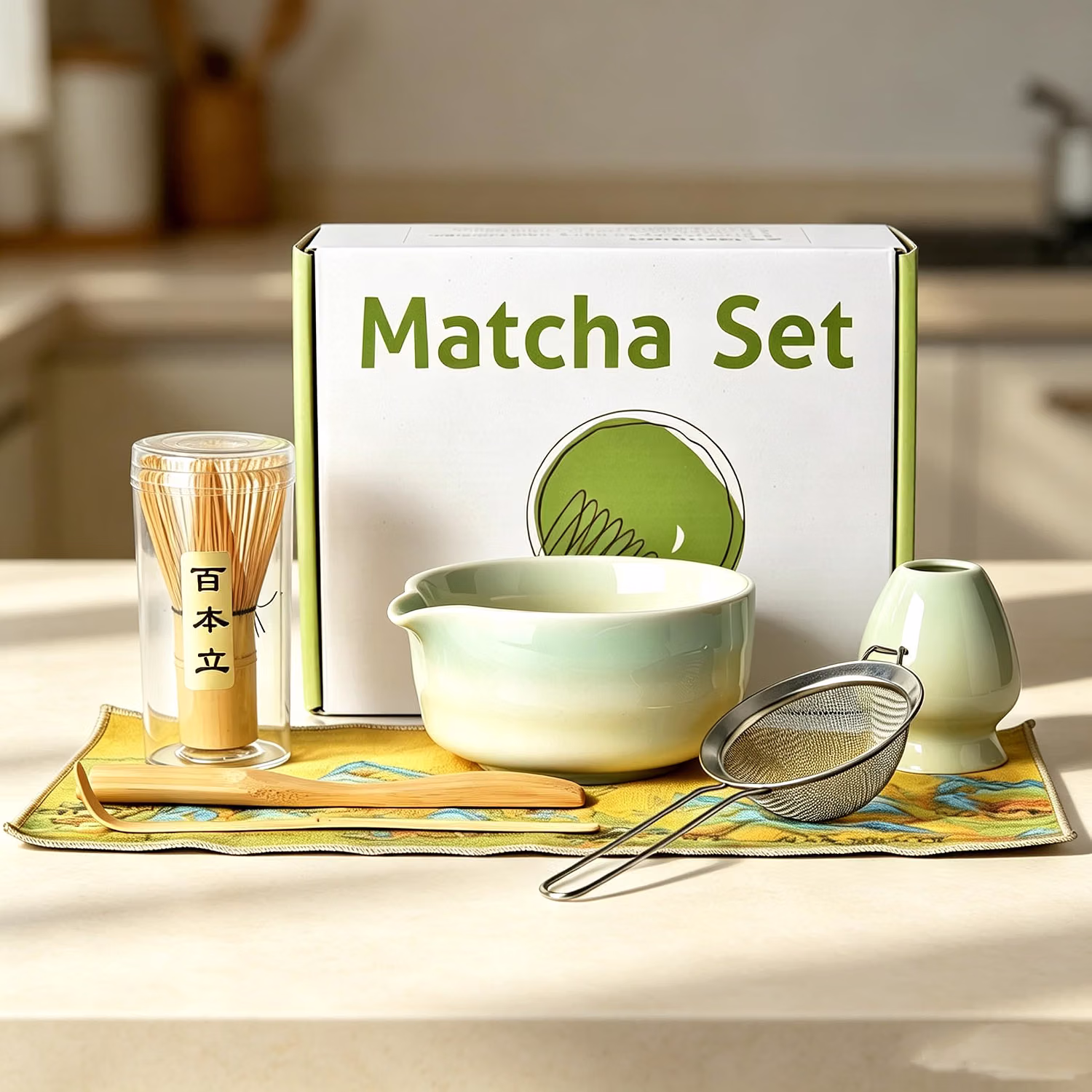 Matcha Whisk Set, 7‑Pcs Complete Kit: Ceramic Bowl, Handmade Bamboo Whisk & Holder, Scoop, Rest, Sifter, Tea Towel for Traditional Matcha Preparation