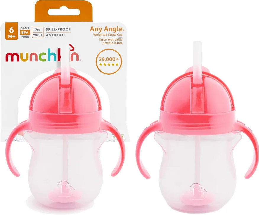 Munchkin 2 Pack Tip And Sip Baby And Toddler Weighted Straw Cups 207ml Pink