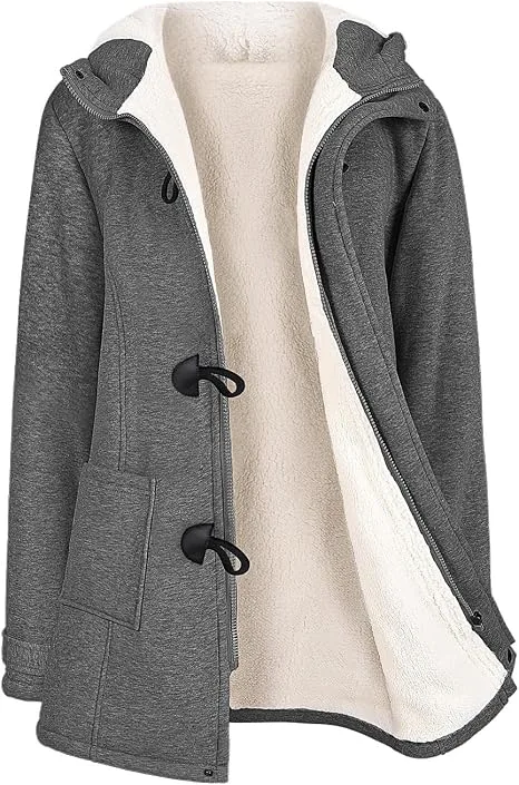 Nadeer Womens Horn Button Fleece Lined Thicken Coat Winter Warm Long Hoodies Jac
