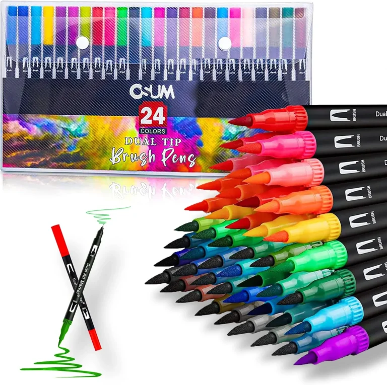Osum Colouring Pens Wallet Of 24 Felt Fine Tip Pens Coloured Dual Tip Brush Mark