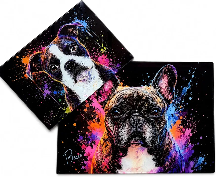 Personalised Glass Cutting Board With Neon Dog Portrait Art