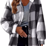 Shacket Women Check Flannel Fleece Button Up Collared Shirt Jacket