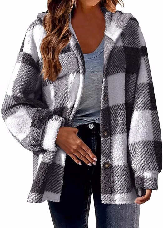 Shacket Women Check Flannel Fleece Button Up Collared Shirt Jacket
