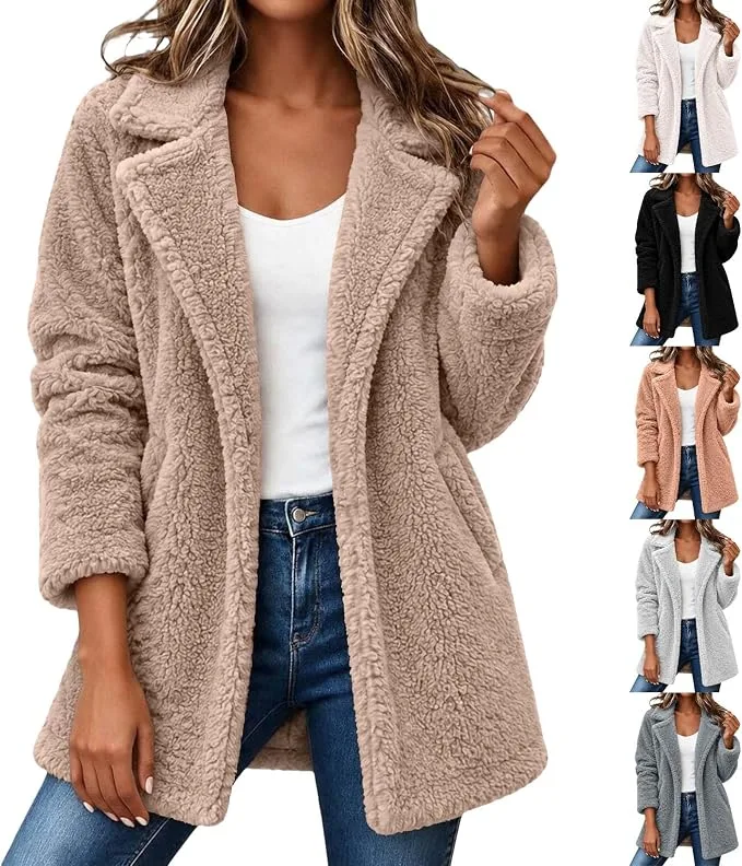 Sherpa Fleece Jacket Women Notched Collar Open Front Fluffy