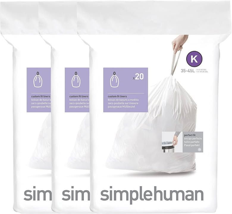 Simplehuman Cw0260 Code K Custom Fit Bin Liner Bulk Pack White Plastic 3 Pack Of