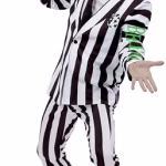 Smiffys Beetlejuice Adult Costume with Shirt Dress Collar Mock Tie and Cuffs Black and White Stripes Purple Zip Up Front Official Warner Brothers Licensed Halloween Costume
