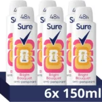 Sure Women Bright Bouquet Deodorant Body Spray Antiperspirant with a strawberry, apricot & vanilla fragrance and 48 hour sweat and odour protection 150 ml, Pack of 6