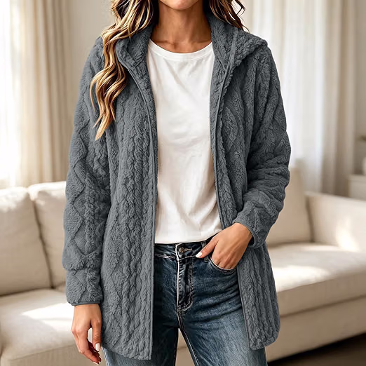 Teddy Fleece Jacket Women Sherpa Fluffy Zip Up Cable Hooded