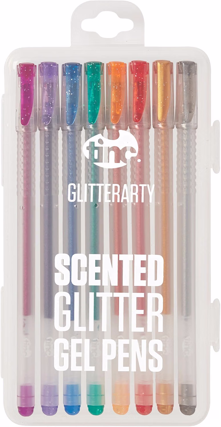 Tinc Glitterarty Liquid Gel Pens for Kids | Set of 8 Different Glittery Colours with a Fruity Fragrance | Includes Snap Shut Carry Case | Great for School, Home & Trips - Pack of 8, GLITGLPN