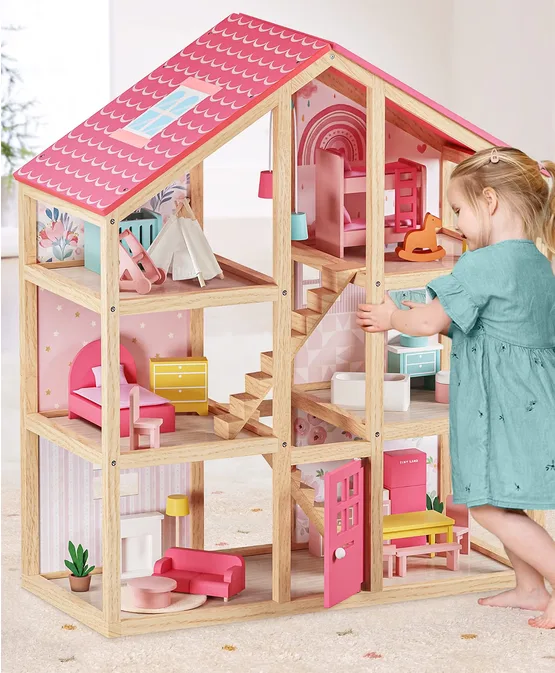 Tiny Land Wooden Dolls House For Girls 6 Rooms Dollhouse