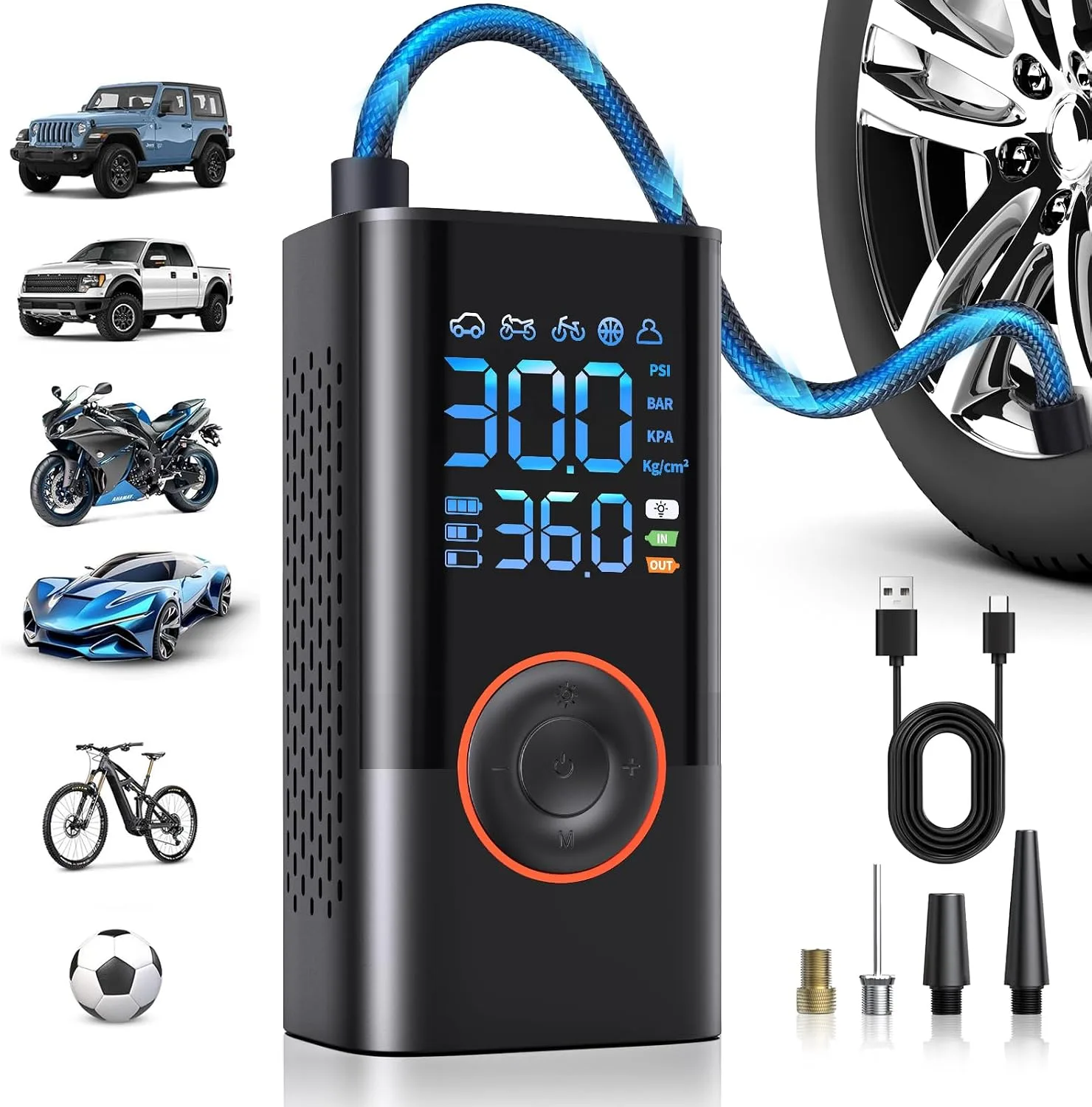 Tyre Inflator Air Compressor, Portable Cordless Tyre Pump with Digital Pressure Gauge 150PSI, Electric Car Air Pump Auto Shutoff with LED Light for Car Motorcycle Bicycle