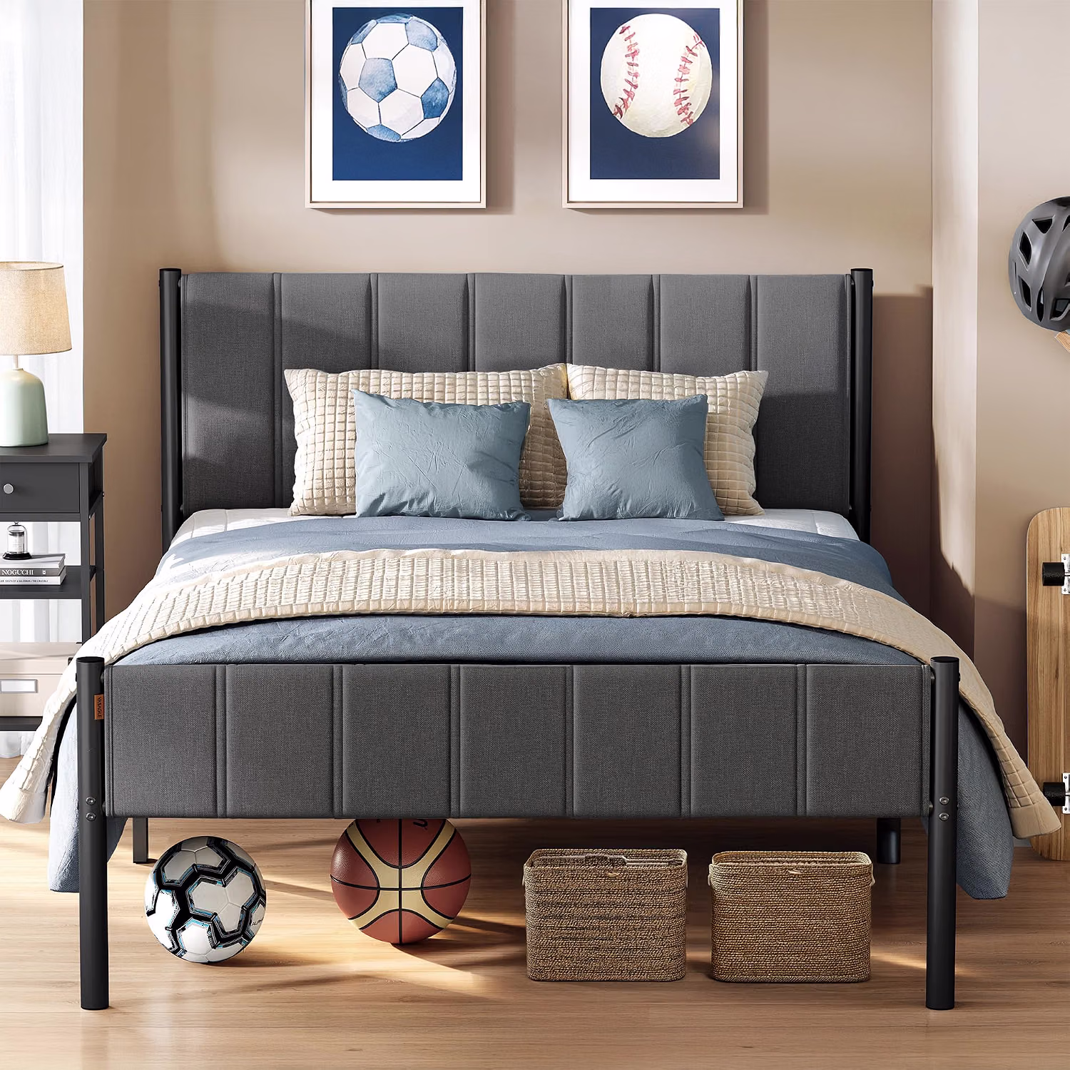 Vasagle Double Bed Frame With Upholstered Headboard 135 X 190 Cm