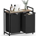VASAGLE Laundry Basket, 2-Compartment Laundry Hamper, Pull-Out and Removable Laundry Bags, Laundry Sorter, Shelf, Metal Frame, 2 x 46L, 73 x 33 x 72 cm, Camel Brown and Black BLH201B50