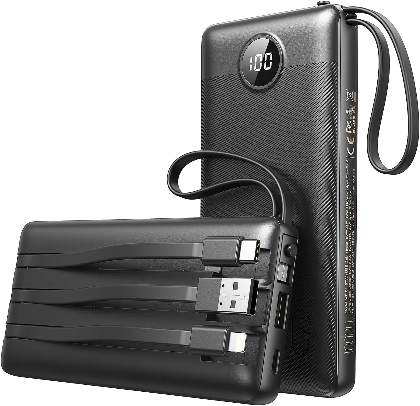 Veektomx Power Bank Built In Cables 10000mah USB C Portable Charger Travel Exter