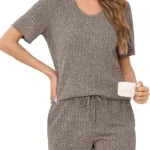 Vlazom Pyjamas for Women, Soft Ribbed Pjs Set Two Piece Pyjamas Set for Ladies Summer Lounge Sets for Home Running Walking with Pockets UK Size 6-24