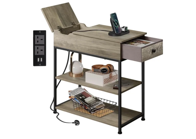 Wlive 3 Tier Side Table With Charging Station Fabric Drawer Grey Oak