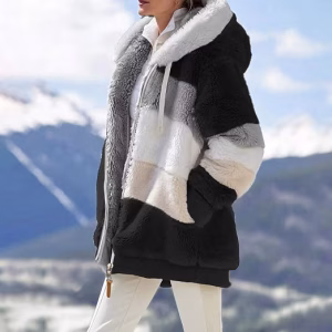 Women Color Block Striped Fuzzy Fleece Hooded Coat Elegant