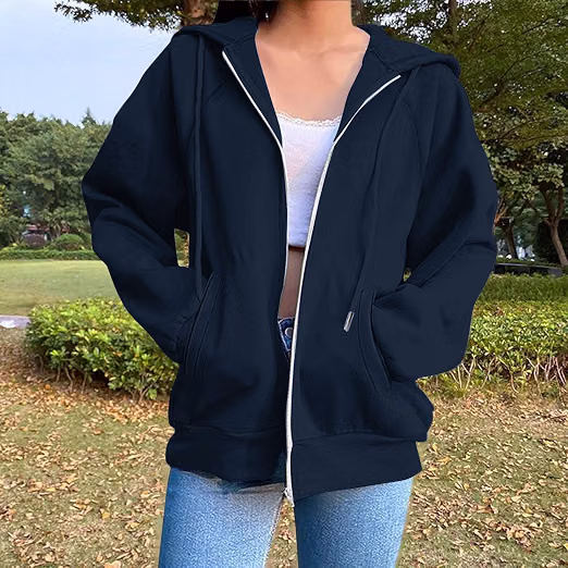 Women Oversized Full Zip Hoodie Jacket Elegant Long Sleeve Sweatshirt With Draws