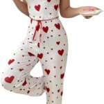 Women’s 2 Pieces Heart Print Pajama Set Sleeveless Cami Top + High Waist Pants, Comfortable Trousers Pjs Set Soft Loungewear Cute Sleepwear Set