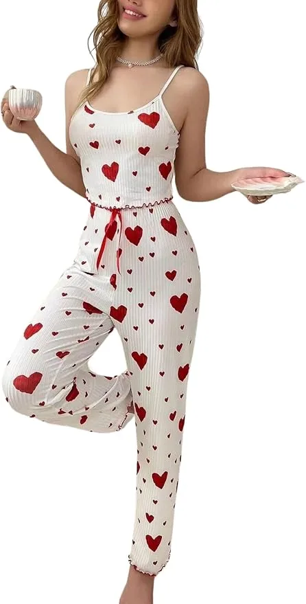 Women S 2 Pieces Heart Print Pajama Set Sleeveless Cami Top High Waist Pants Com