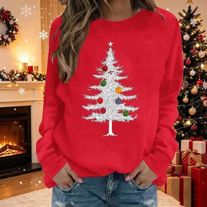 Womens Christmas Jumpers Fashion Xmas Tree Print Graphic Sweatshirt