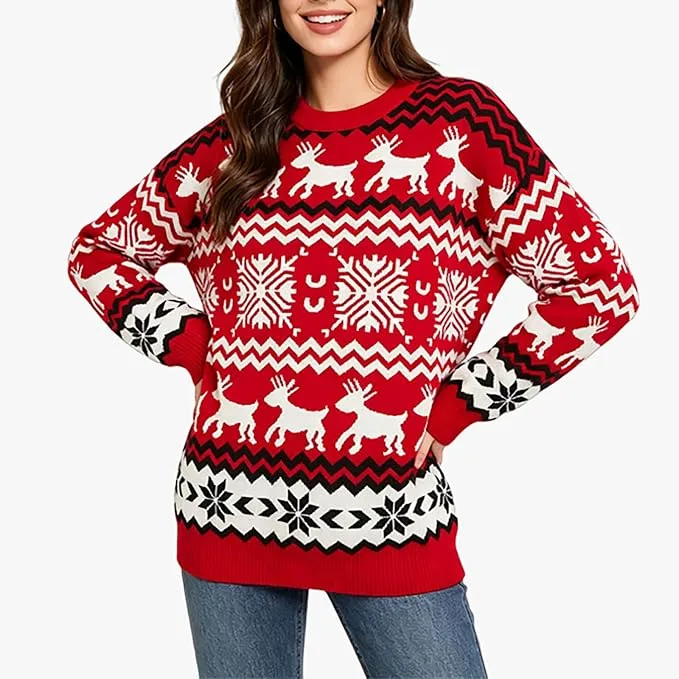 Womens Christmas Jumpers Knitted Reindeer Snowflake Xmas Tree Print Sweater