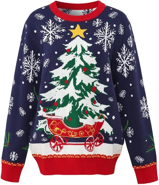 Womens Christmas Jumpers Knitted Reindeer Snowflake Xmas Tree Print Sweater