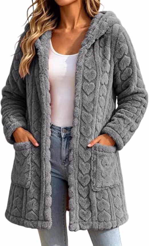 Womens Fluffy Cardigan Winter Thermal Longline Hooded Plush Fleece Jacket