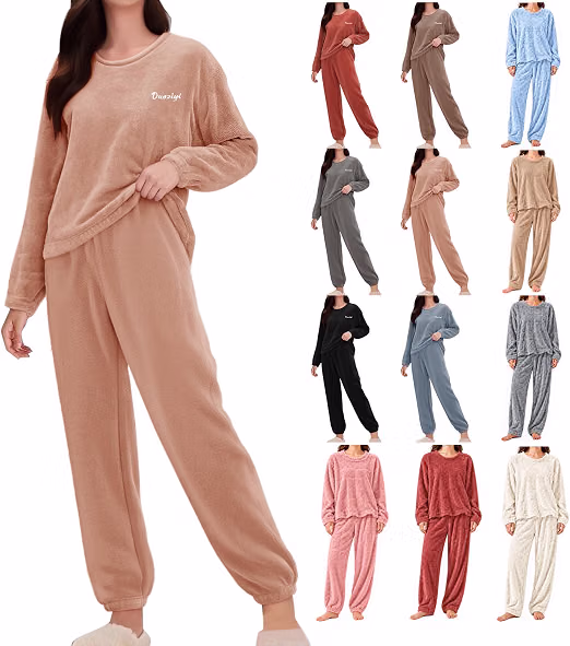 Womens Fluffy Fleece Pyjamas Sets 2 Piece Loungewear Long