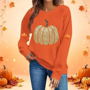 Womens Halloween Sweatshirt Fashion Pumpkin Print Casual Pullover Top
