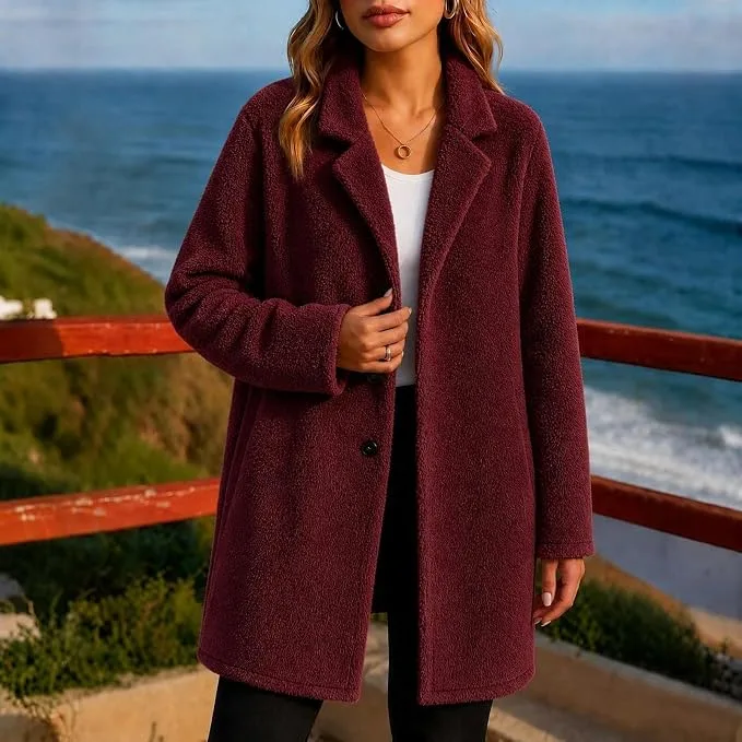 Womens Teddy Fleece Coat Fluffy Thermal Long Winter Jacket Button Overcoat
