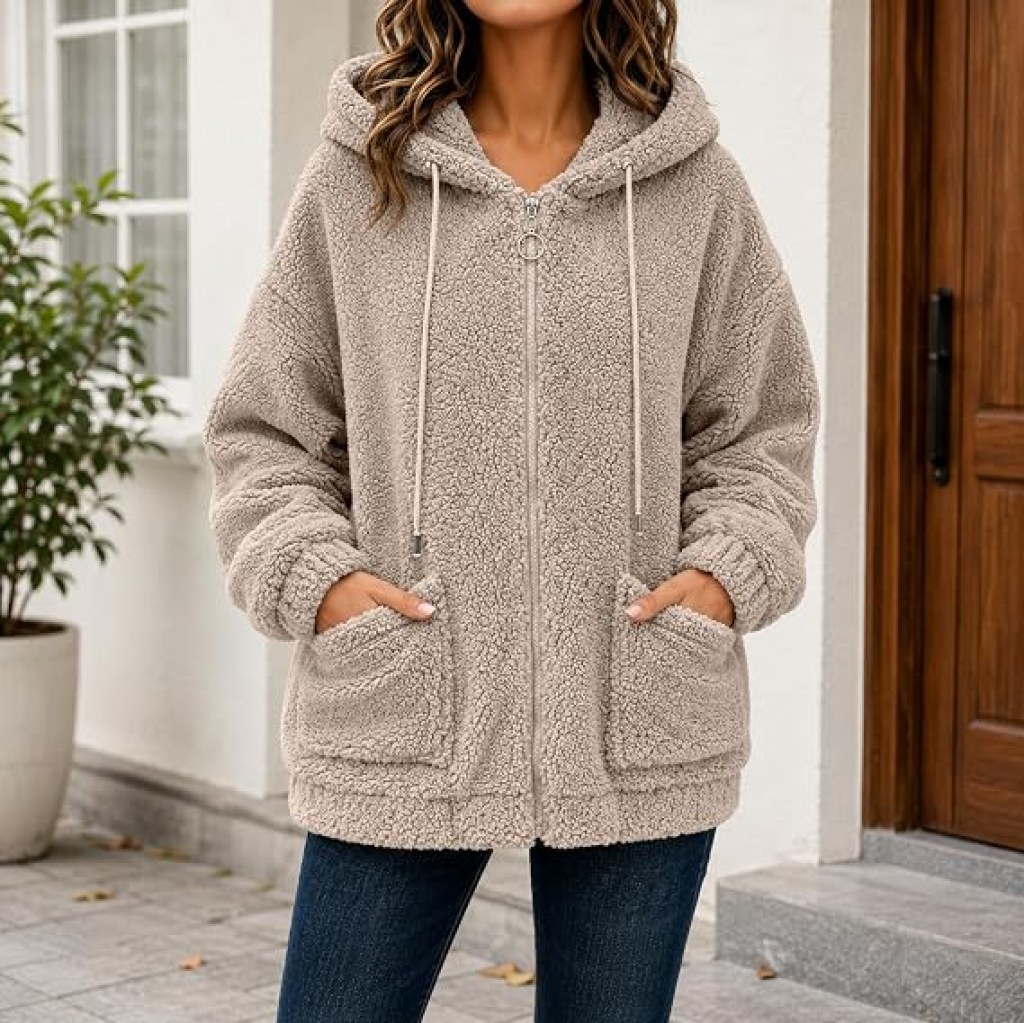 Womens Teddy Fleece Hoodie Jacket Full Zip Warm Coat