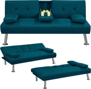 Yaheetech Aqua Blue 3 In 1 Convertible Upholstered Cup Holder Sofa Bed