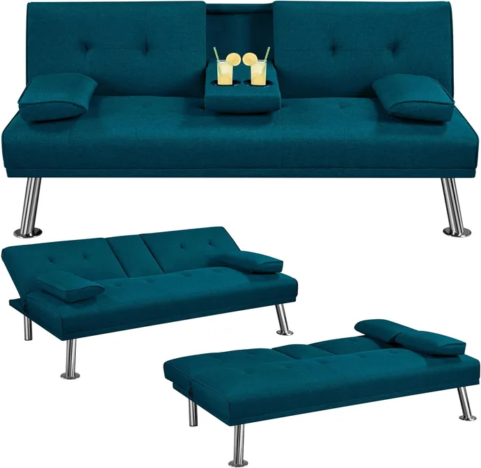 Yaheetech Aqua Blue 3 In 1 Convertible Upholstered Cup Holder Sofa Bed